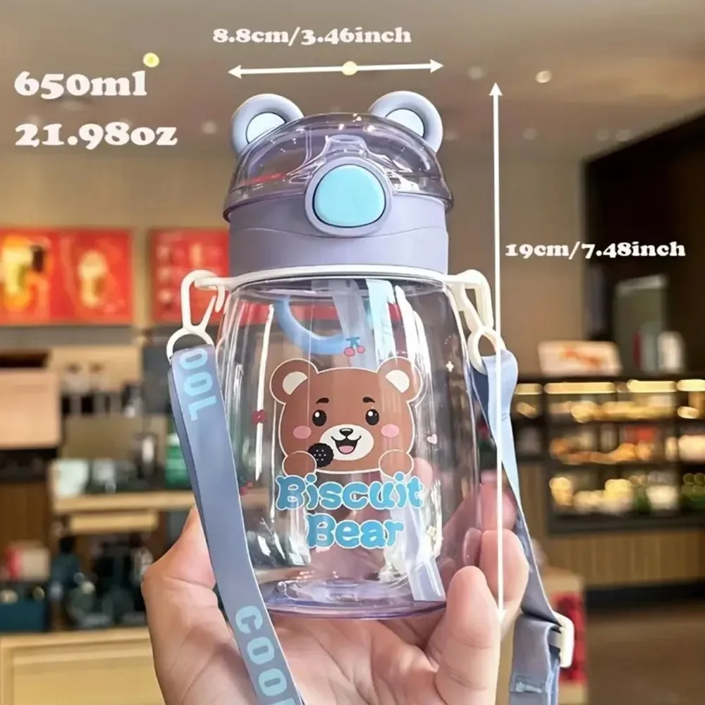 Cute Biscuit Bear Kids Water Bottle 650ml with Strap – Leakproof Flip Lid